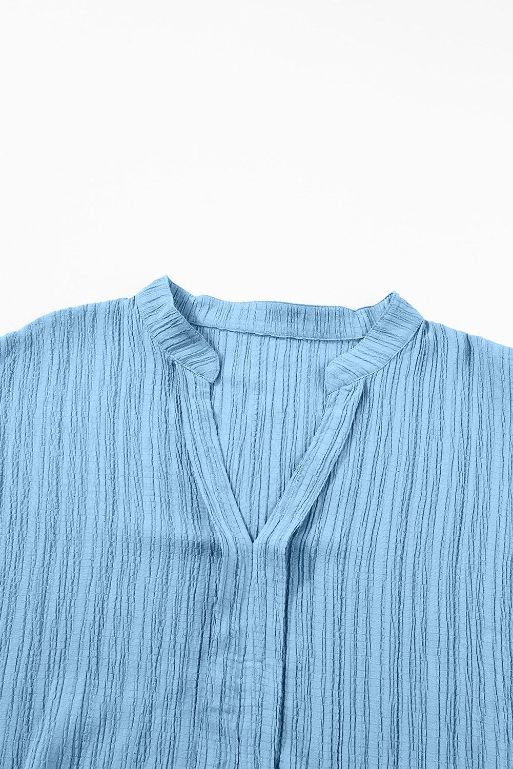 Dusk Blue V Neck Crinkle Dolman Blouse - The Fair Lady Shop