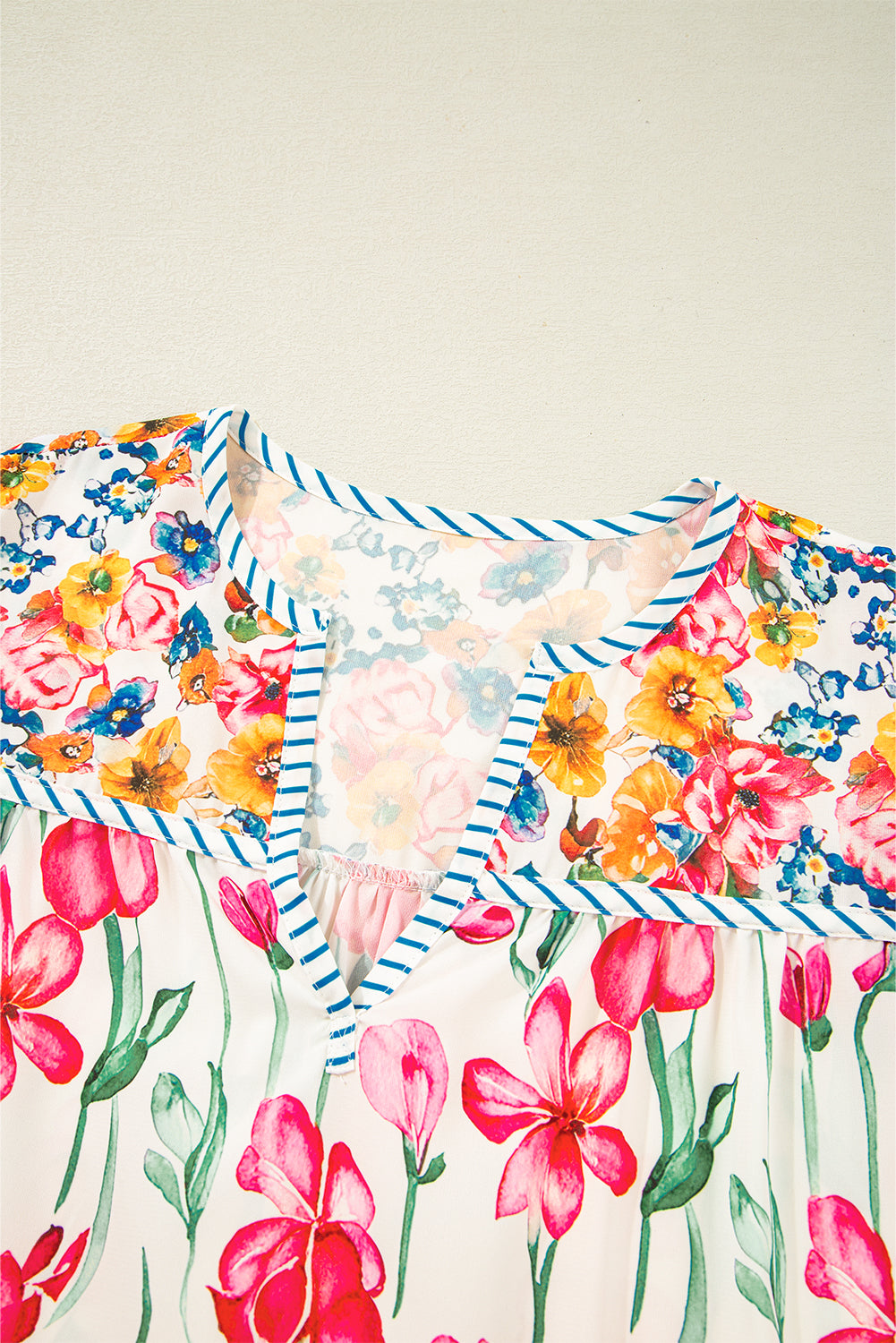 Pink Plus Size Floral Print Striped Trim V Neck Blouse - The Fair Lady Shop