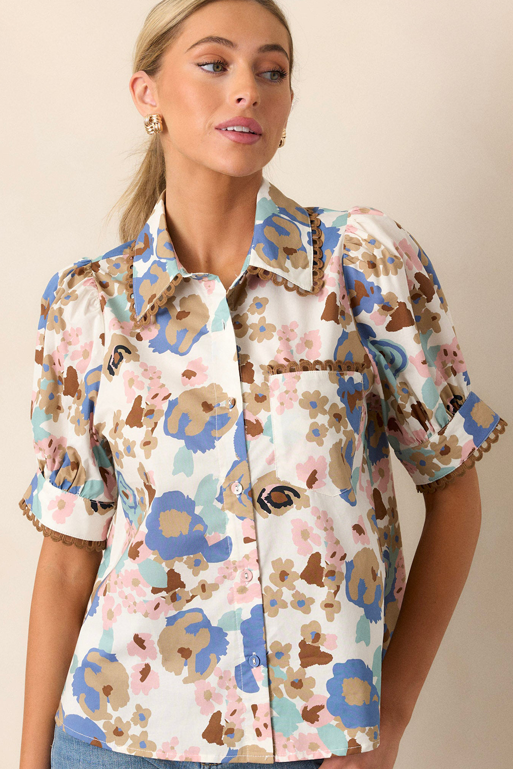 Multicolour Vintage 60s Flower Puff Sleeve Shirt - The Fair Lady Shop