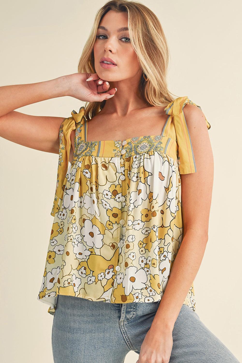 Yellow Floral Patchwork Boho Knot Straps Top - The Fair Lady Shop