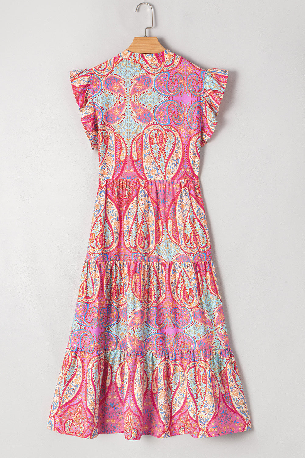 Rose Ethnic Paisley Print Ruffle Sleeve Notch Neck Midi Dress - The Fair Lady Shop