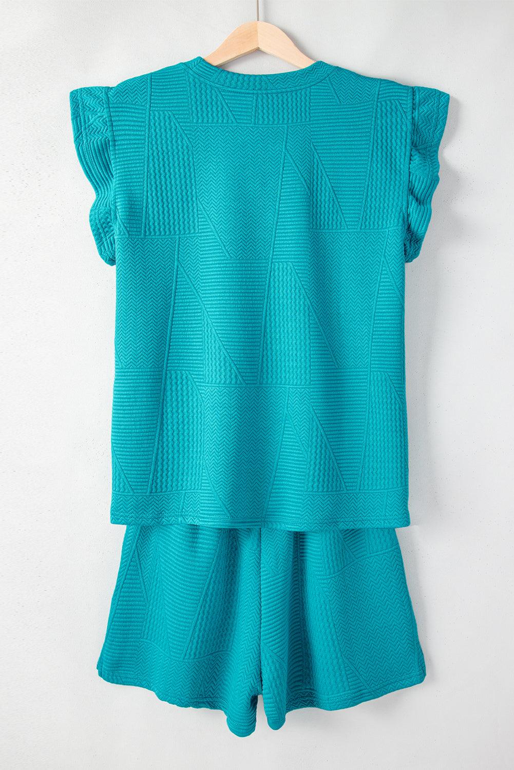 Dark Green Textured Ruffle Split Top and Drawstring Shorts Set - The Fair Lady Shop
