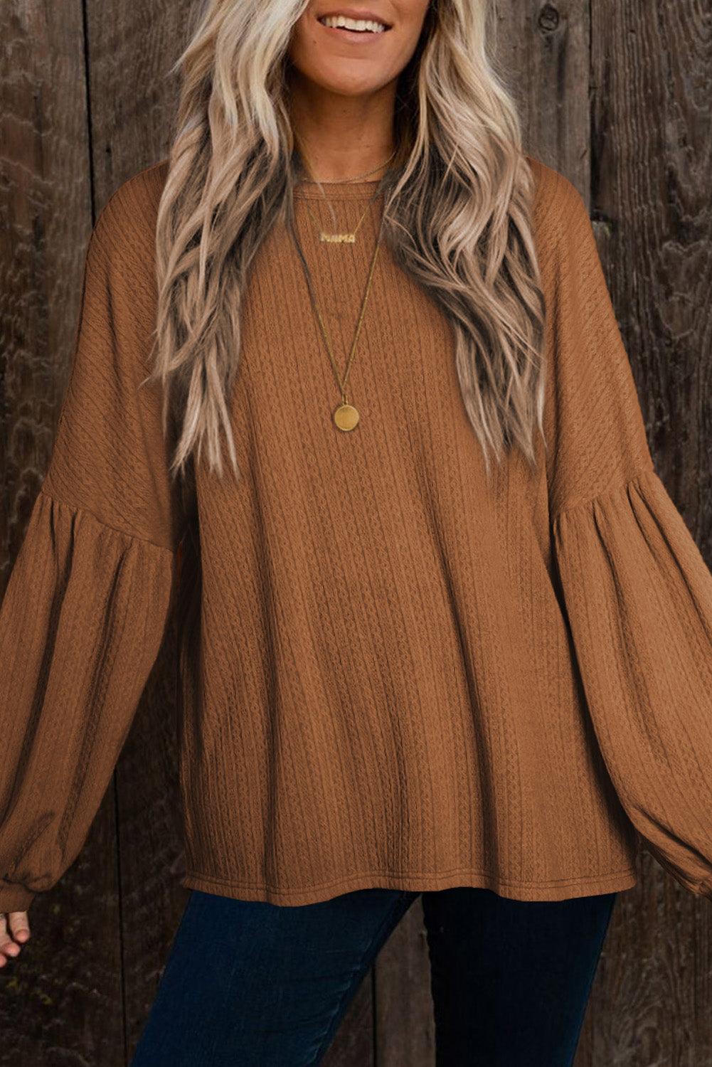 Ruby Solid Color Textured Lantern Sleeve Top - The Fair Lady Shop