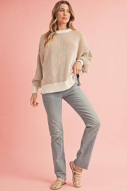 Chestnut Striped Contrast Trim Loose Sweater - The Fair Lady Shop