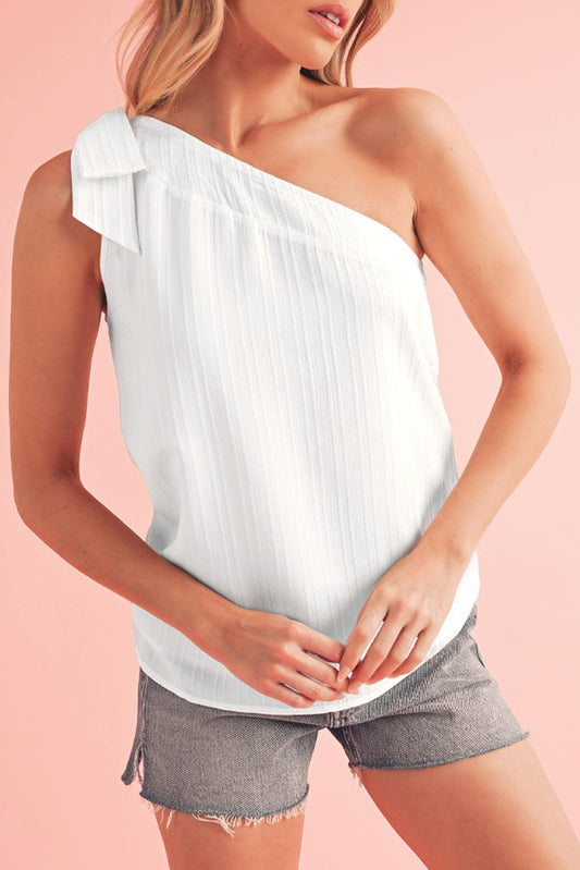 White Solid Color Asymmetrical Knot Textured Sleeveless Shirt - The Fair Lady Shop