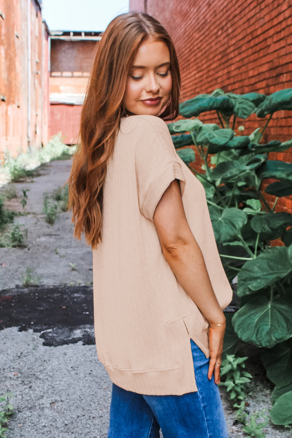 Jet Stream Textured Side Slits Short Sleeve Top - The Fair Lady Shop
