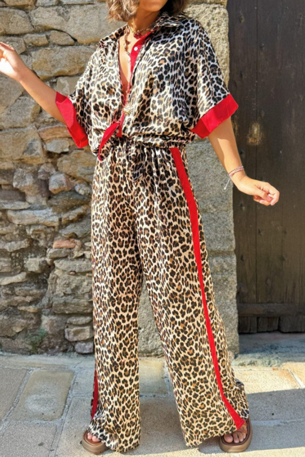 Multicolor Leopard Print Color Block Short Sleeve Shirt and Pants Set - The Fair Lady Shop