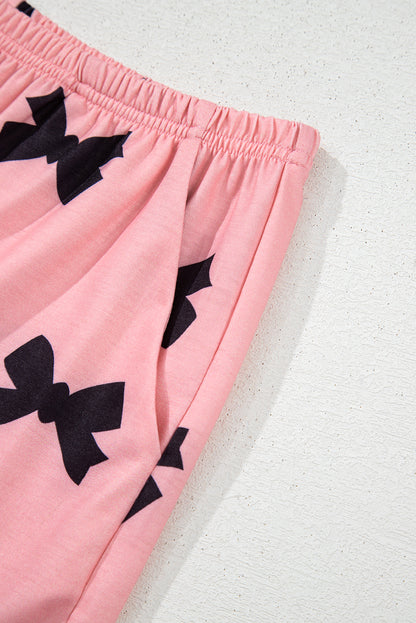 Pink Allover Bow Print Pockets Cropped Pajama Set