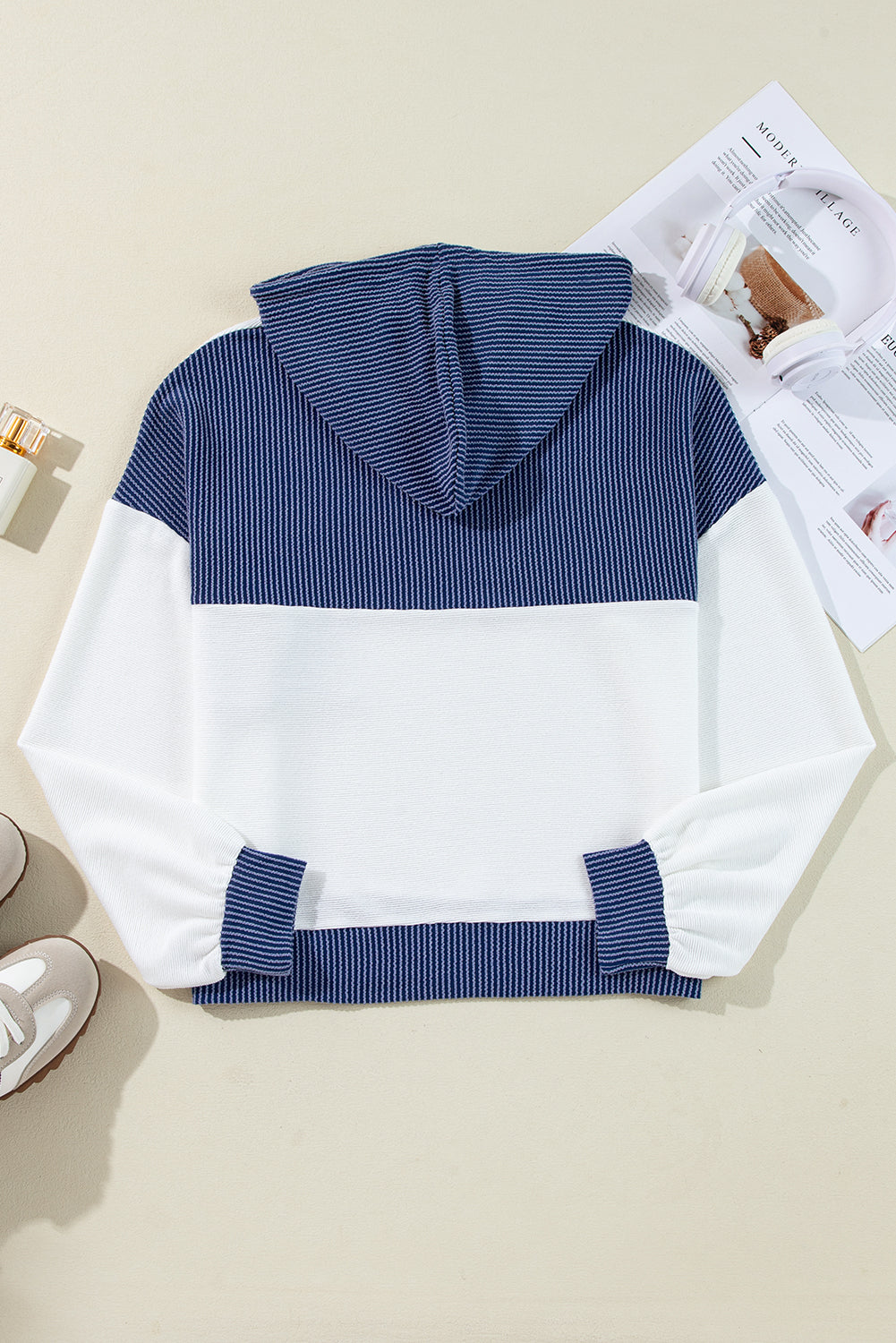 White Corded Patch Pocket Drawstring Henley Long Sleeve Top - The Fair Lady Shop