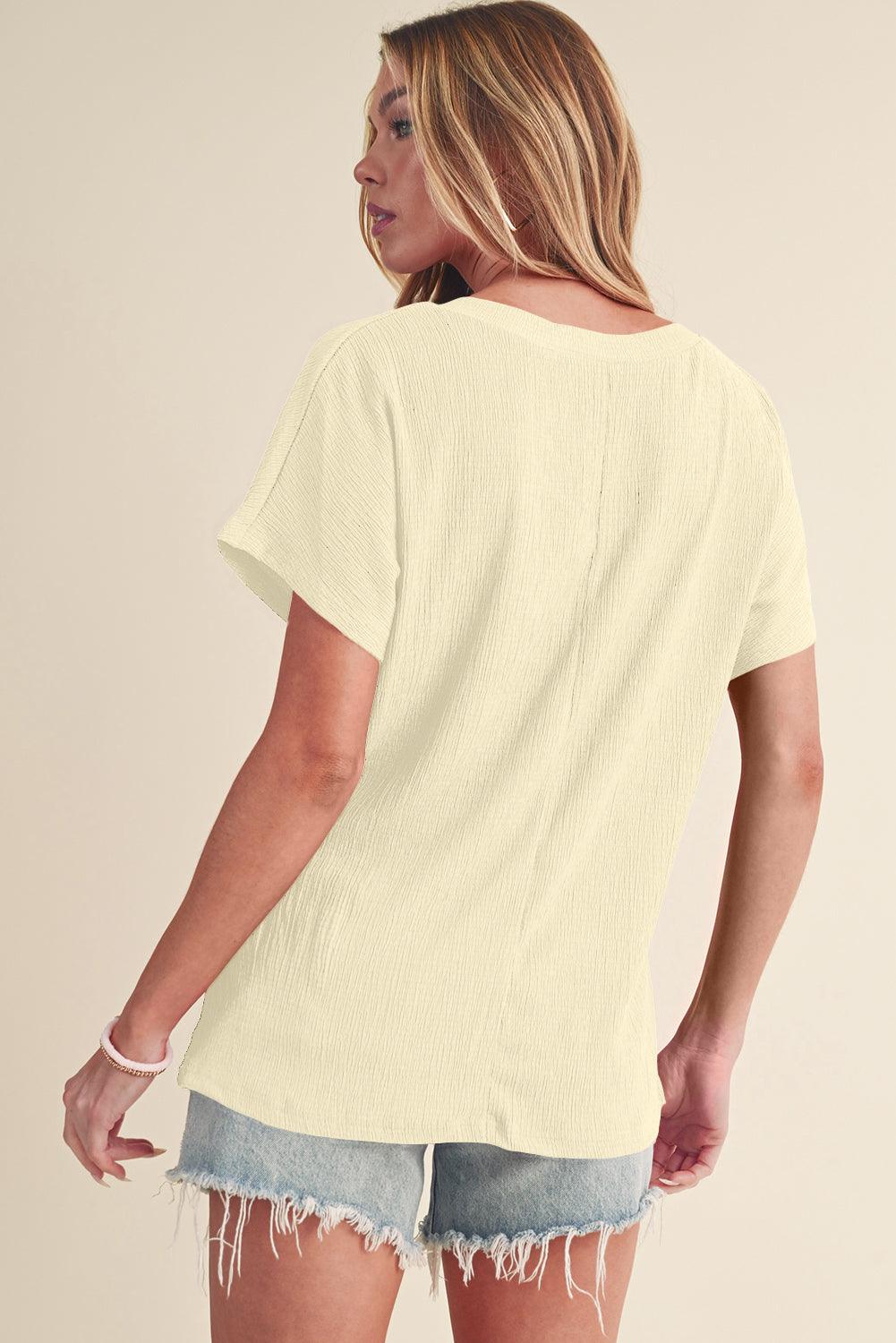 Blue Plain Crinkled V Neck Flounce Sleeve T Shirt - The Fair Lady Shop