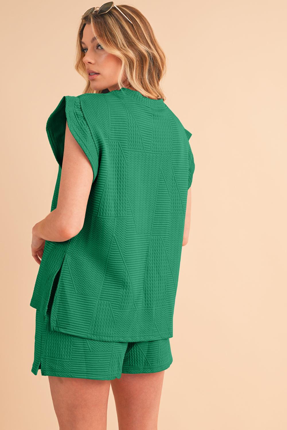 Dark Green Textured Ruffle Split Top and Drawstring Shorts Set - The Fair Lady Shop