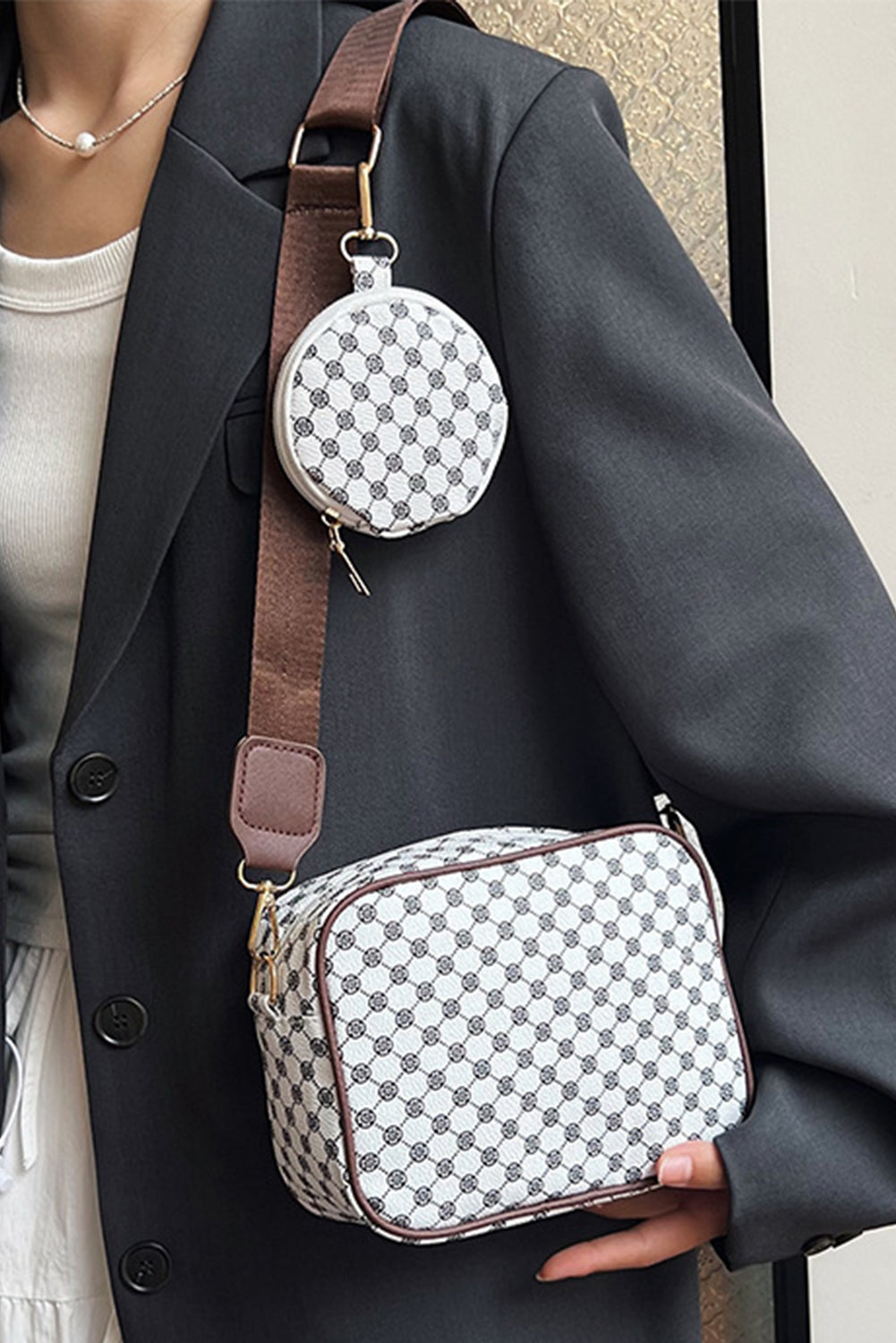 White Geometric Pattern Shoulder Bag With Coin Purse - The Fair Lady Shop