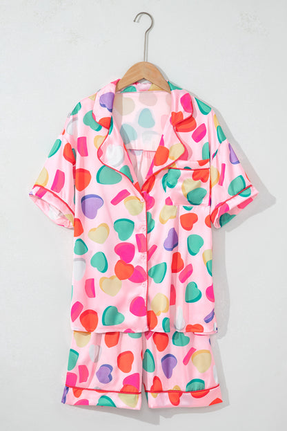 Pink Full Heart Pattern Shirt and Shorts Satin Pajama Set - The Fair Lady Shop