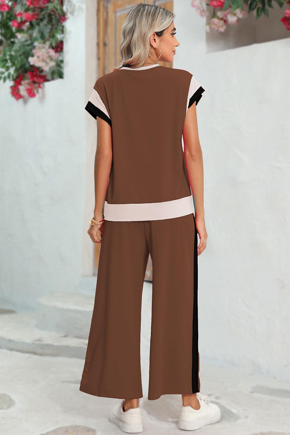 Chestnut Colorblock Cap Sleeve Tee and Wide Leg Pants Set - The Fair Lady Shop