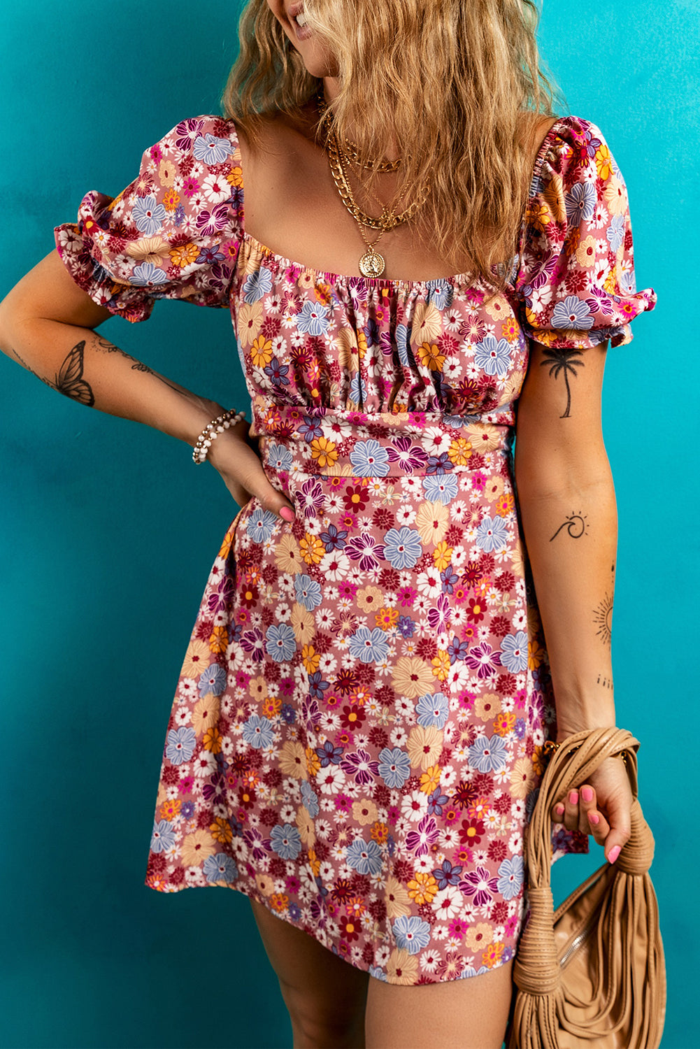 Red Floral Puff Sleeve Square Neck Knot Backless Mini Dress - The Fair Lady Shop
