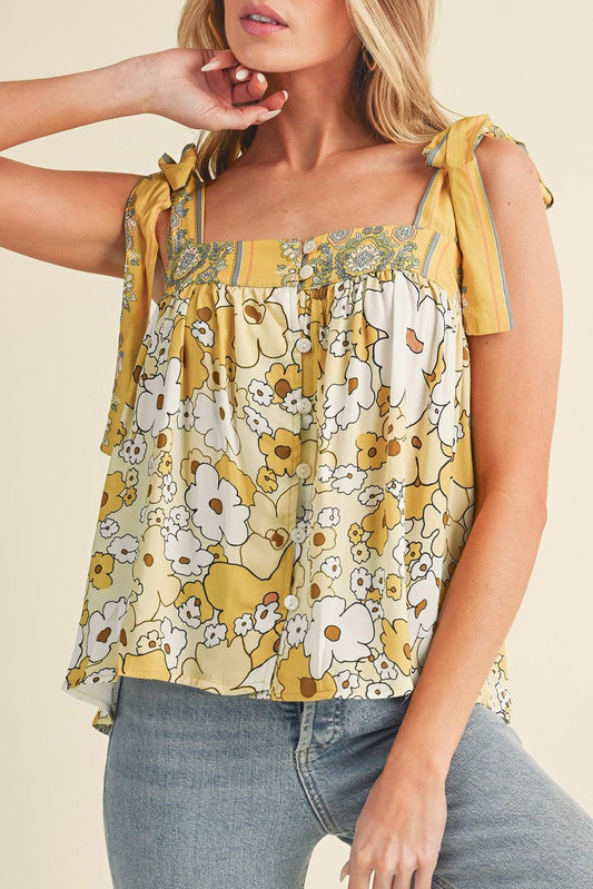 Yellow Floral Patchwork Boho Knot Straps Top - The Fair Lady Shop