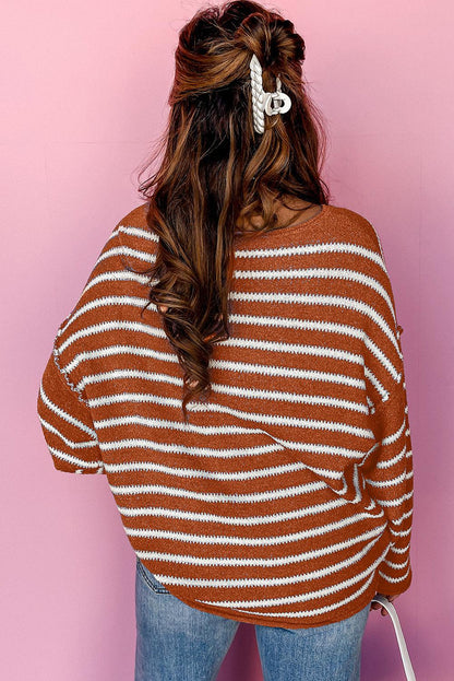 Khaki Casual Stripe Round Neck Drop Shoulder Sweater - The Fair Lady Shop