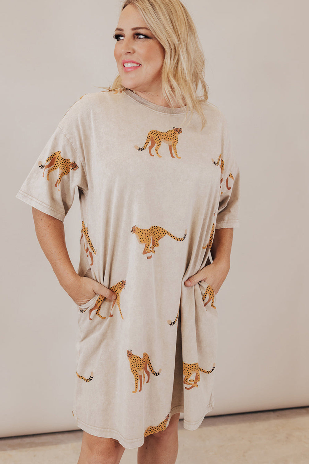 Apricot Plus Size Cheetah Print Side Pockets T Shirt Mini Dress - The Fair Lady Shop