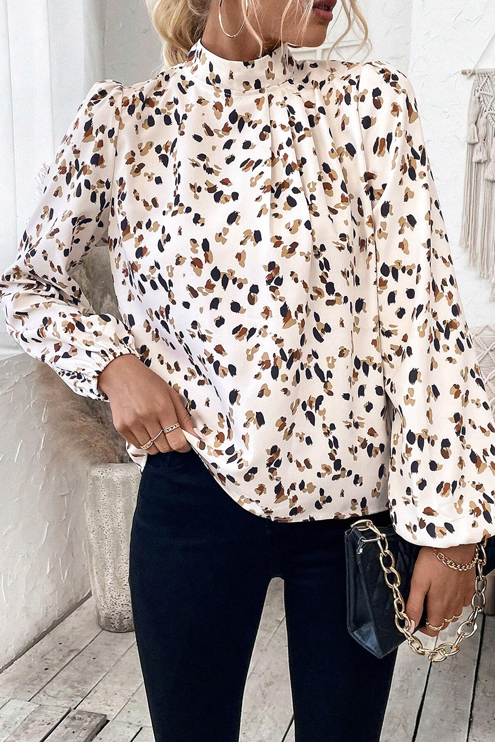 White Leopard Print Puff Sleeve Mock Neck Pleated Blouse - The Fair Lady Shop