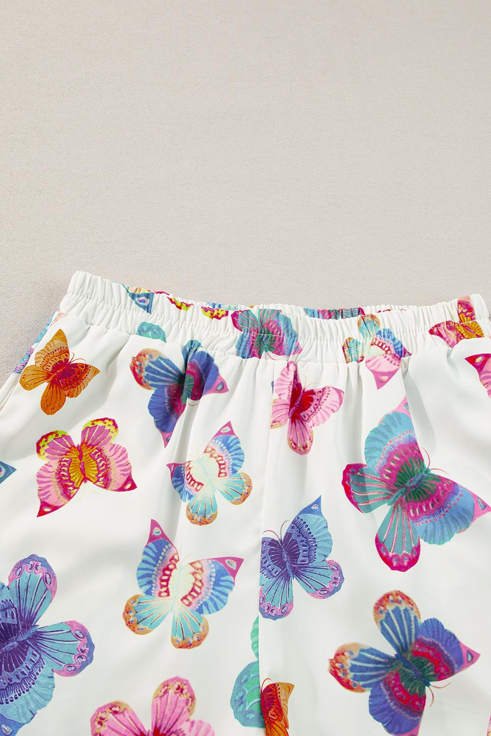 Multicolour Butterfly Print Button-up Shirt & Shorts Pajama Set - The Fair Lady Shop