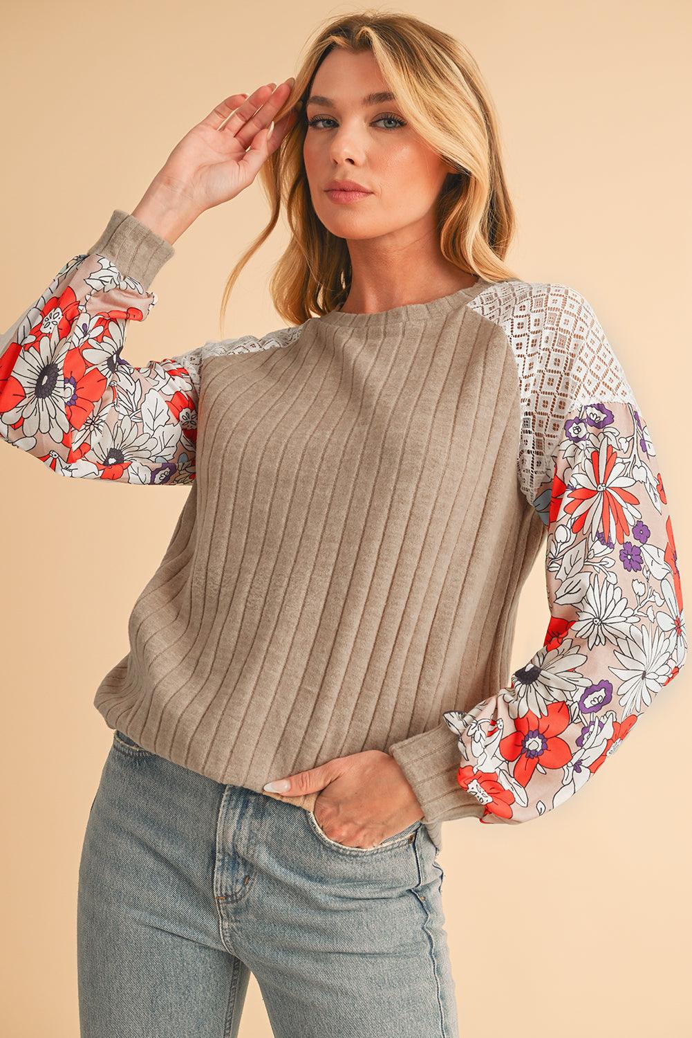 Parchment Floral Patchwork Raglan Sleeve Ribbed Blouse - The Fair Lady Shop