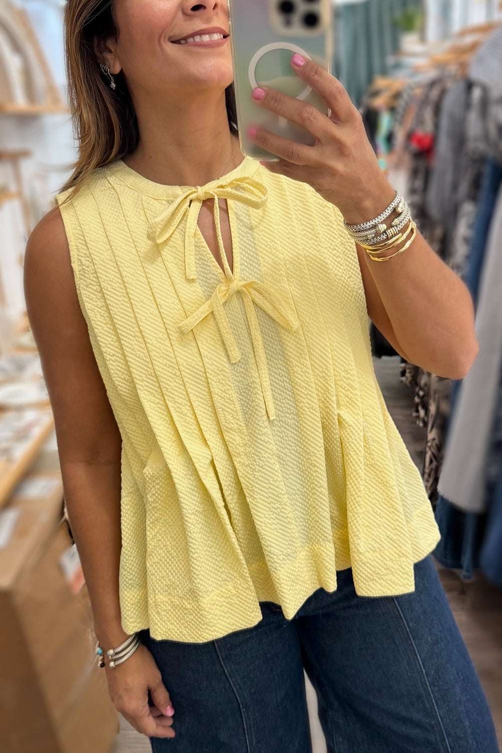 Yellow Cream Bow Tie Notched Neck Pleated Sleeveless Top - The Fair Lady Shop