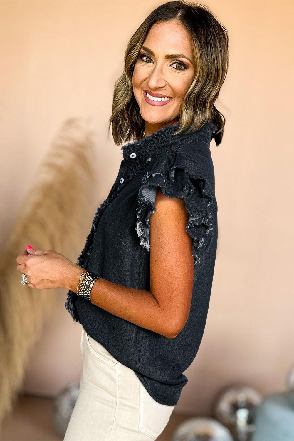 Ashleigh Blue Button Front Ruffled Flutter Frayed Denim Top - The Fair Lady Shop