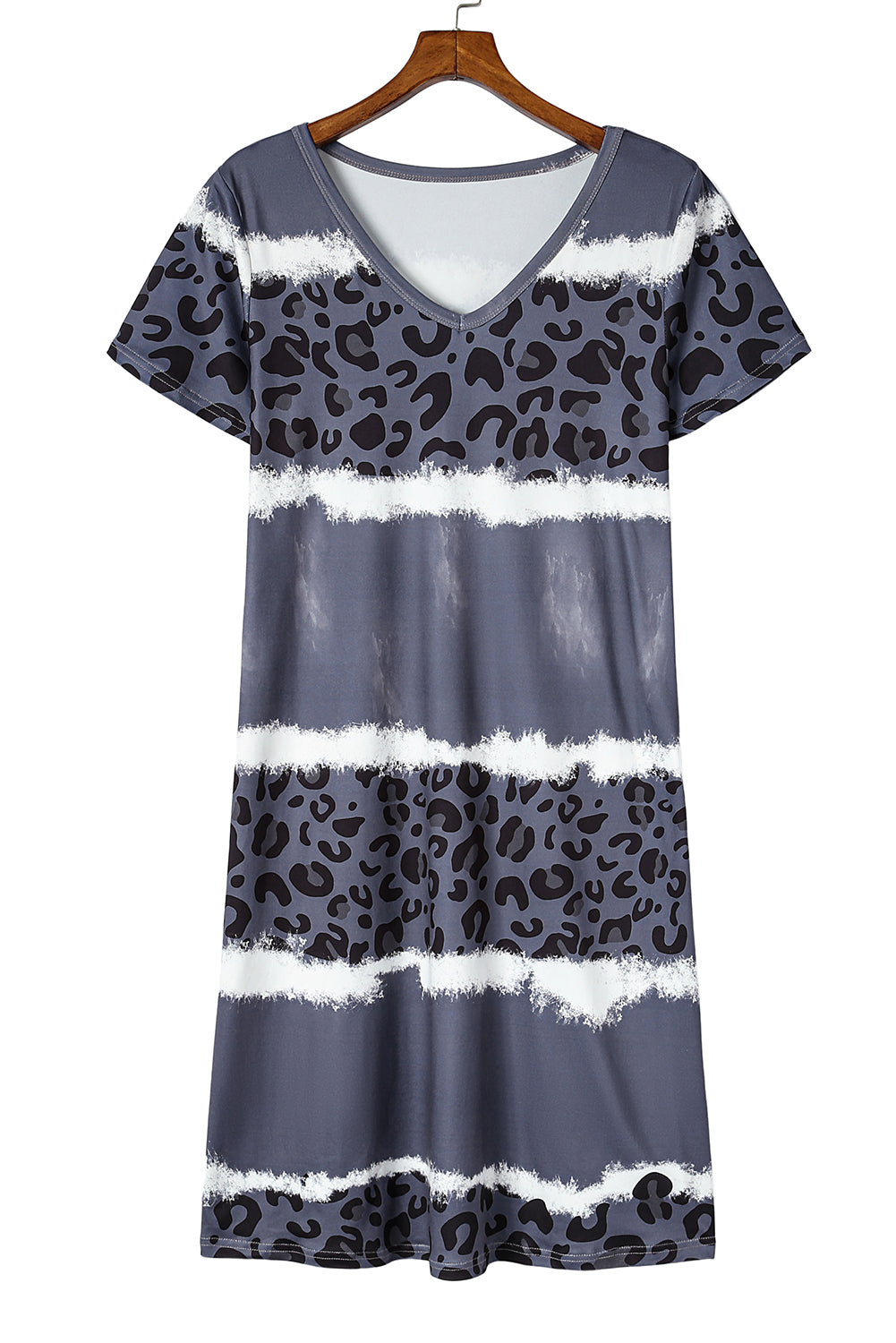 Grey Tie Dye Leopard Color Block V Neck T Shirt Dress - The Fair Lady Shop