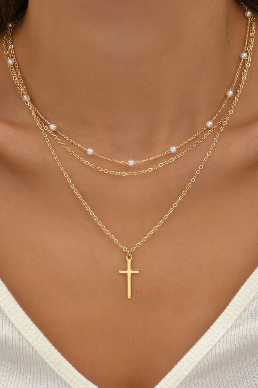 Gold Retro Multi-Layer Pearl and Cross Pendant Necklace Set - The Fair Lady Shop