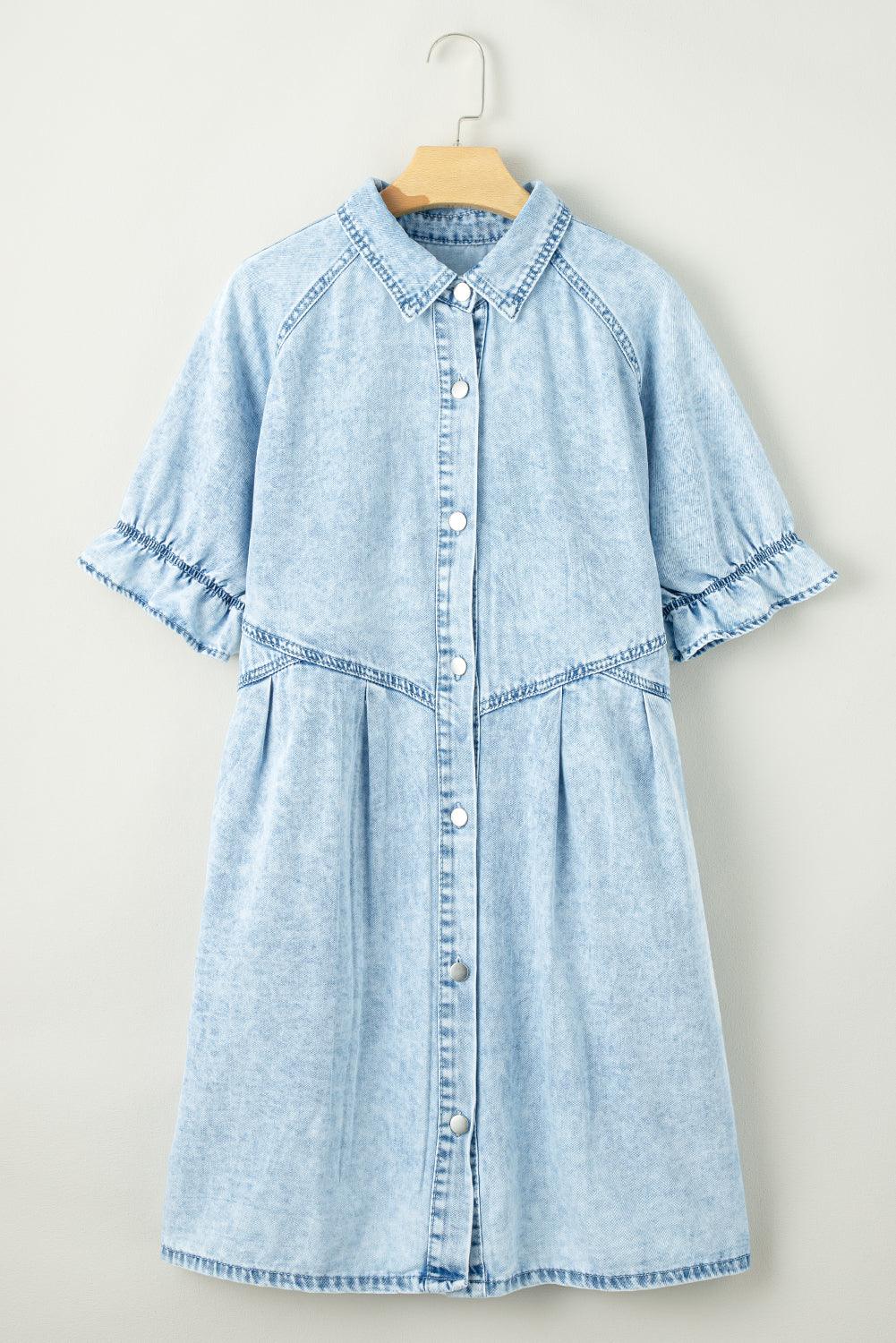 Blue Mineral Washed Ruffled Short Sleeve Pocketed Denim Dress - The Fair Lady Shop