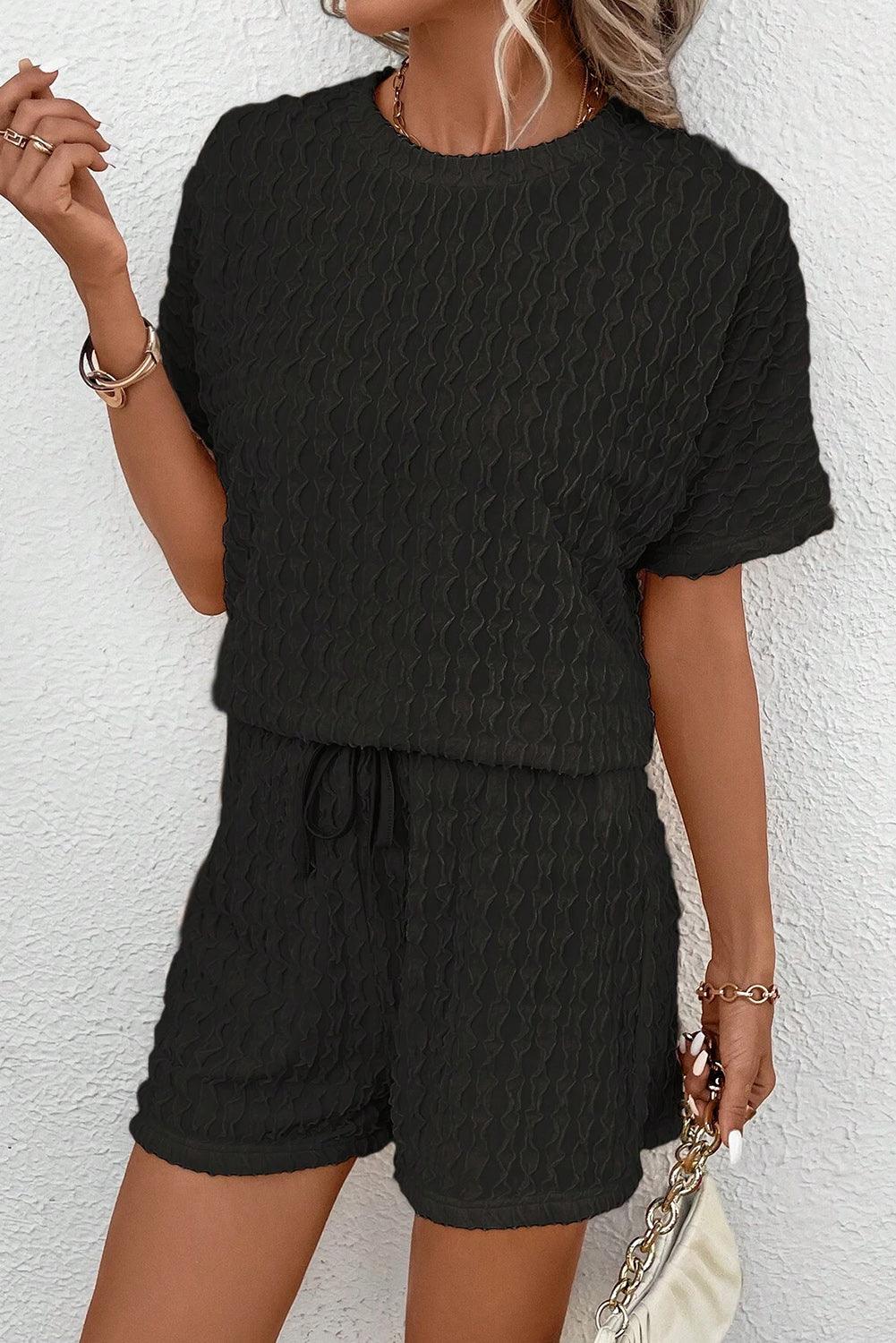 Beige Frill Textured Tee and Drawstring Shorts Set - The Fair Lady Shop