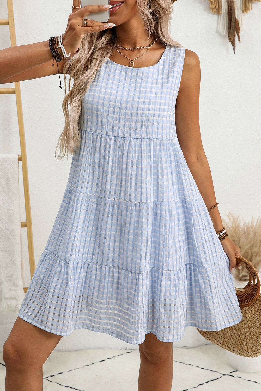 Light Blue Gingham High Waist Sleeveless Mini Dress - The Fair Lady Shop