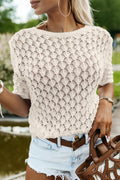 Beige Hollow Out Crochet Short Sleeve Knit Tee - The Fair Lady Shop