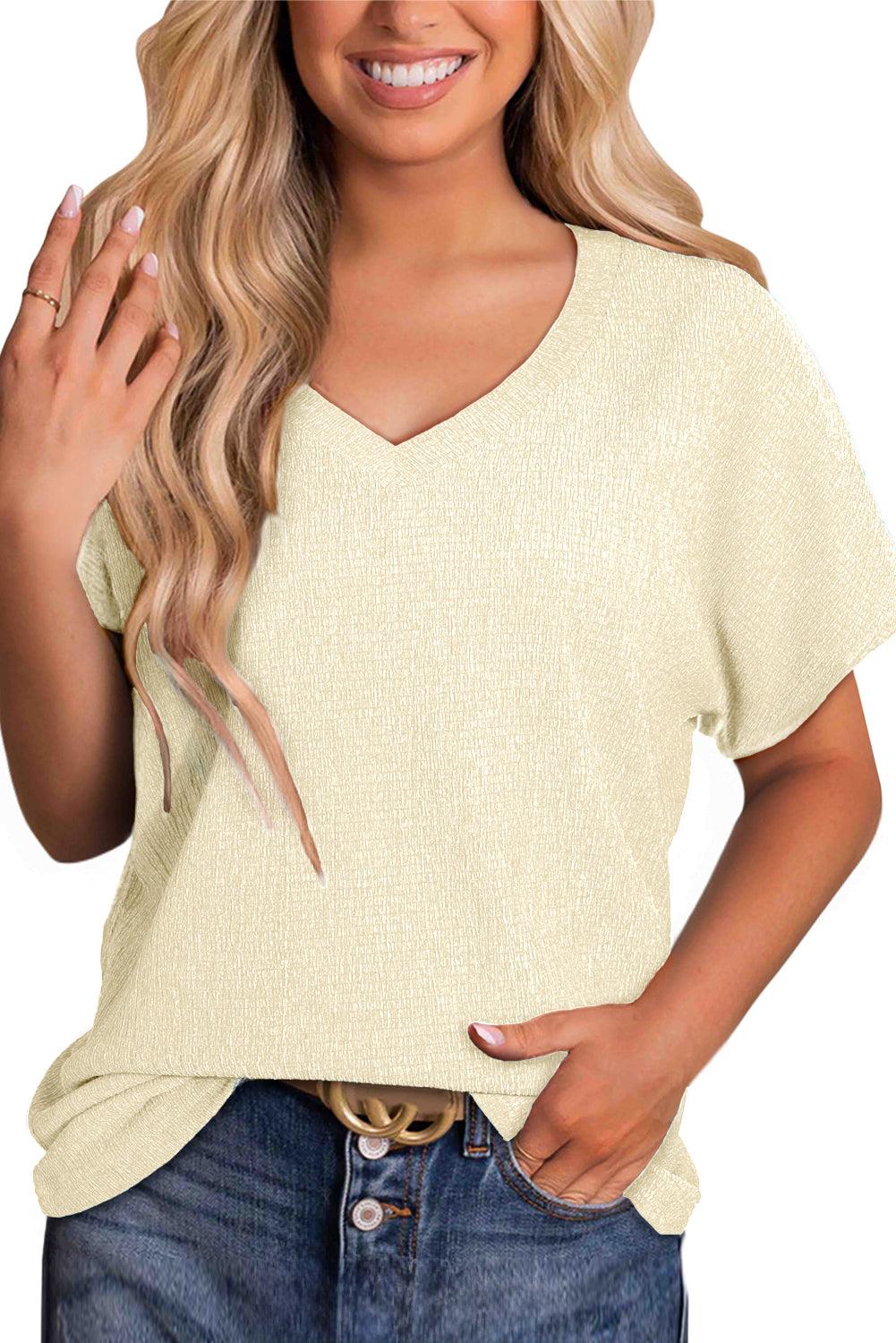 Blue Plain Crinkled V Neck Flounce Sleeve T Shirt - The Fair Lady Shop