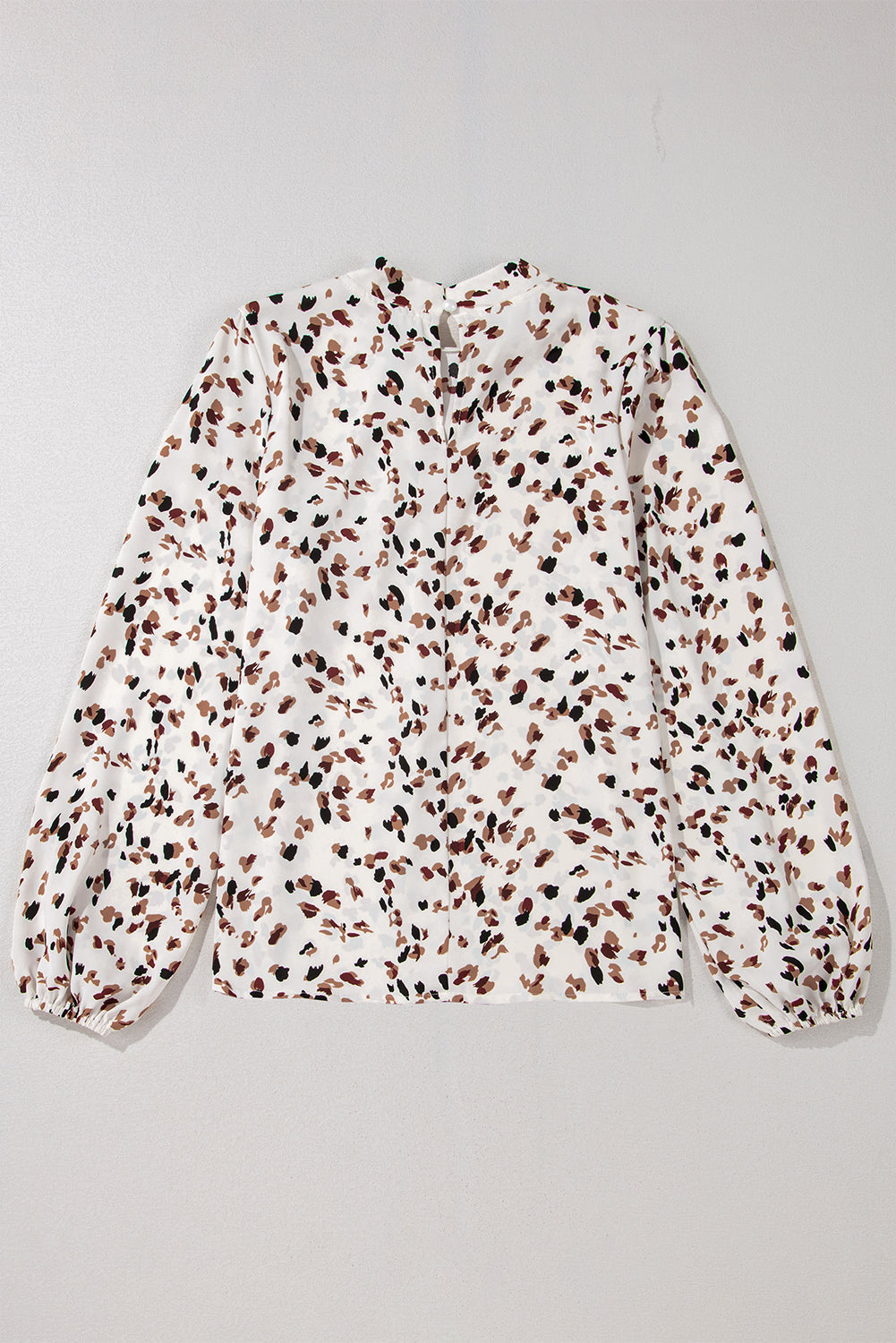 White Leopard Print Puff Sleeve Mock Neck Pleated Blouse - The Fair Lady Shop