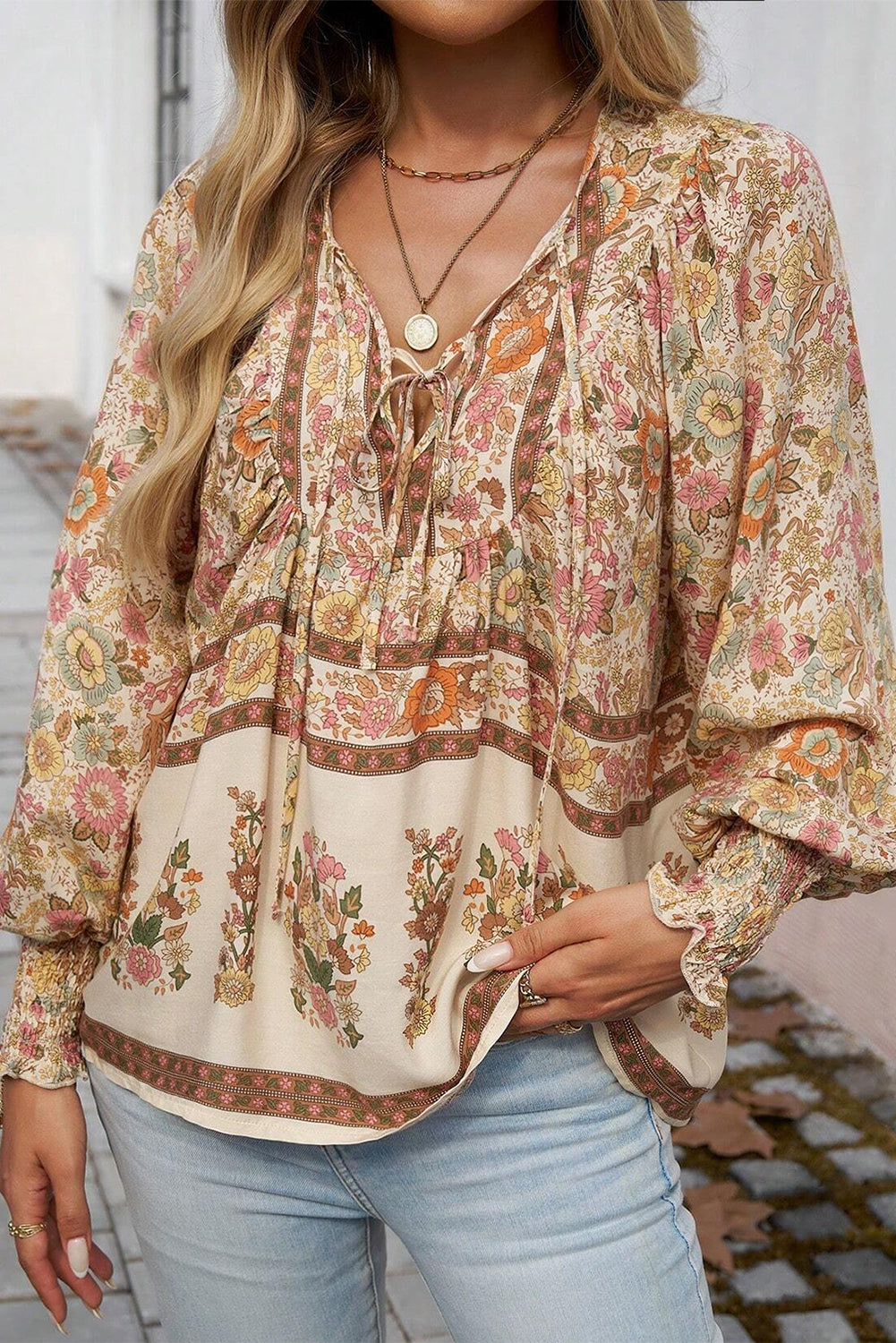 Yellow Floral Print Tie Neck Lantern Sleeve Blouse - The Fair Lady Shop