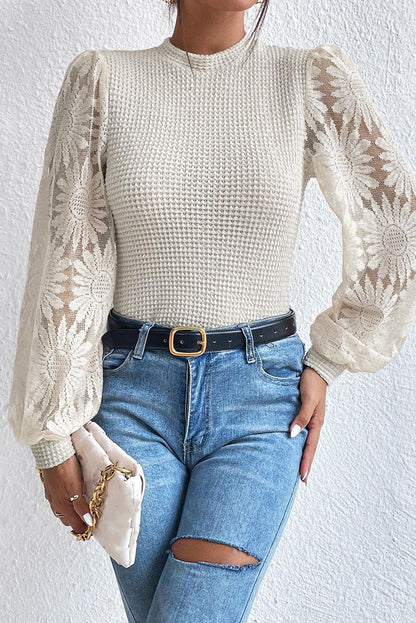 Peach Blossom Sunflower Lace Long Sleeve Waffle Knit Top - The Fair Lady Shop