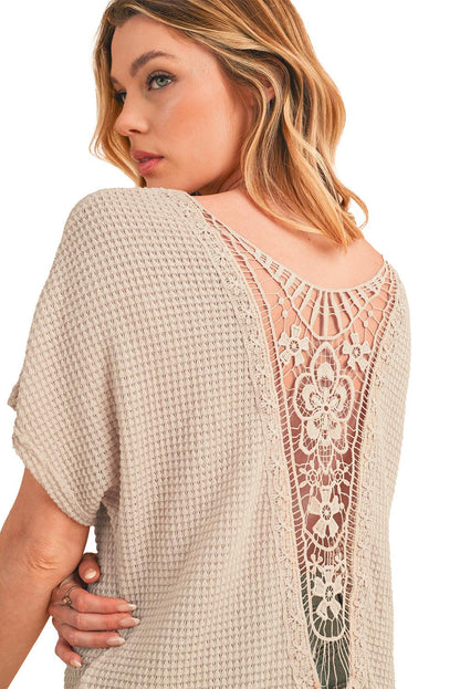 Oatmeal Guipure Lace Splicing Back Waffle Textured T-shirt - The Fair Lady Shop