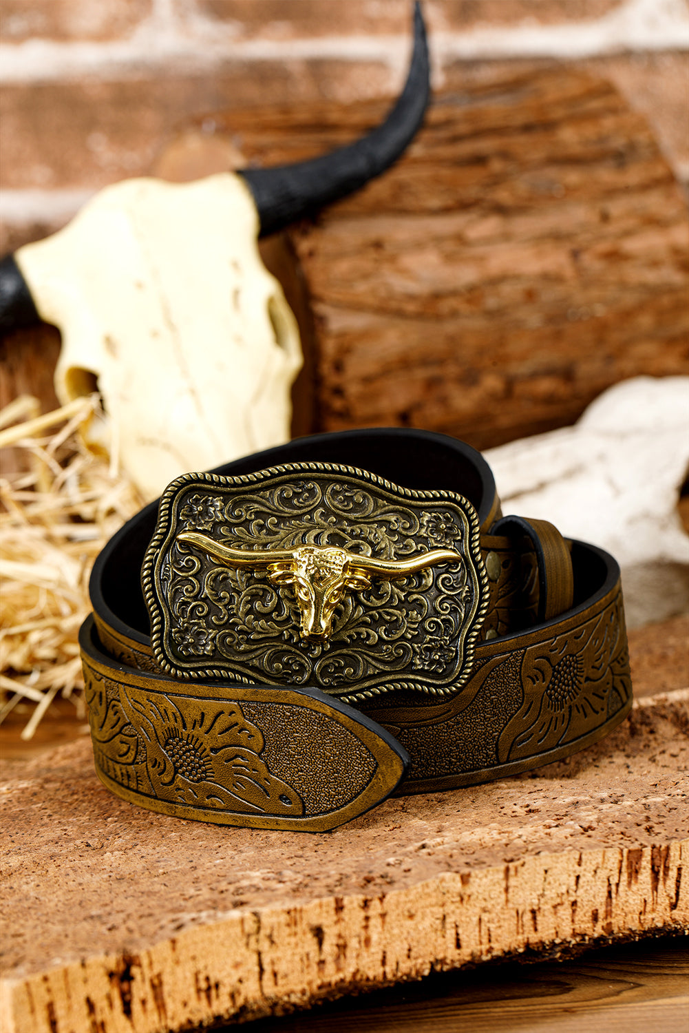 Chestnut Retro Embossed Faux Leather Buckle Belt