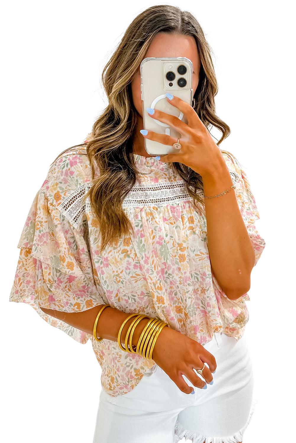 Multicolor Floral Print Wide Batwing Sleeves Blouse - The Fair Lady Shop