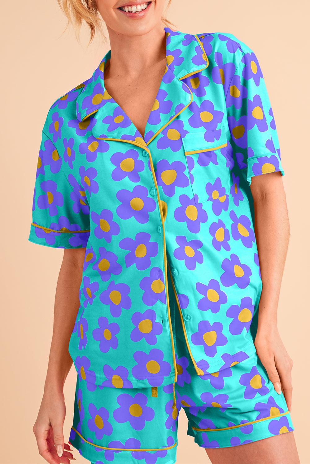 Green Flower Print Buttoned Shirt and Drawstring Waist Pajama Set - The Fair Lady Shop