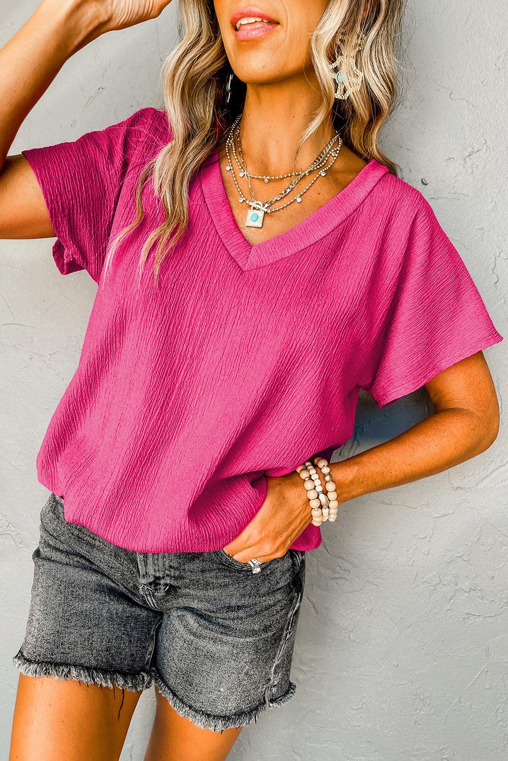 Blue Plain Crinkled V Neck Flounce Sleeve T Shirt - The Fair Lady Shop