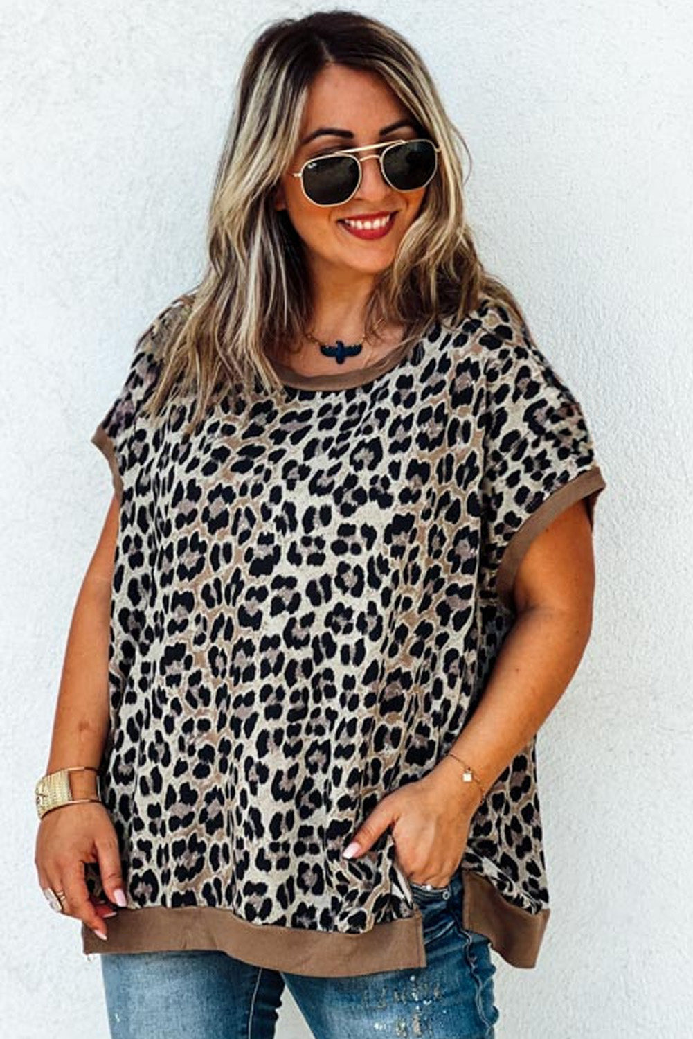 Khaki Leopard Contrast Trim Short Sleeve Loose Plus Size Top - The Fair Lady Shop