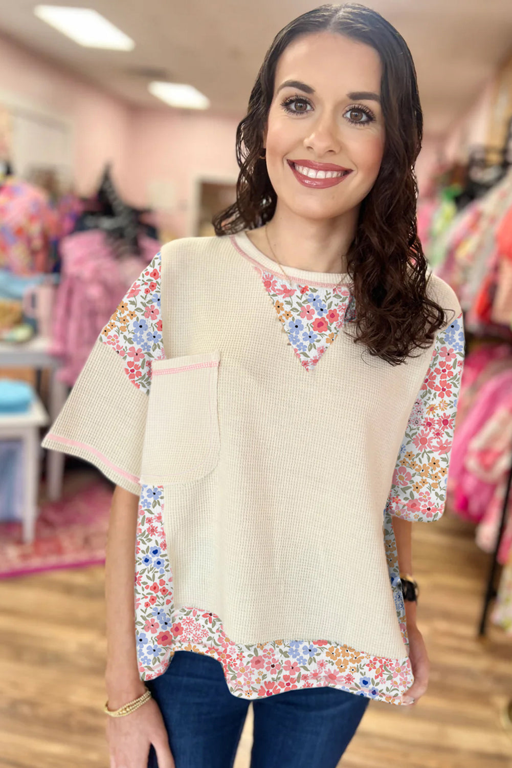 Beige Floral Patchwork Pocket Drop Sleeve Waffle T Shirt - The Fair Lady Shop