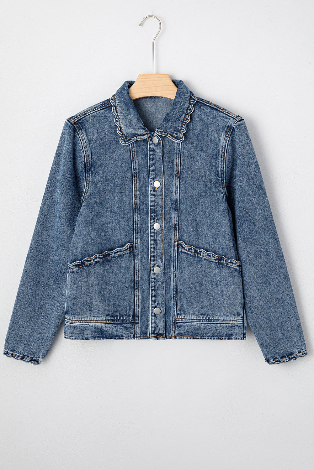 Sail Blue Scallop Trim Collar Pocket Button Up Denim Jacket