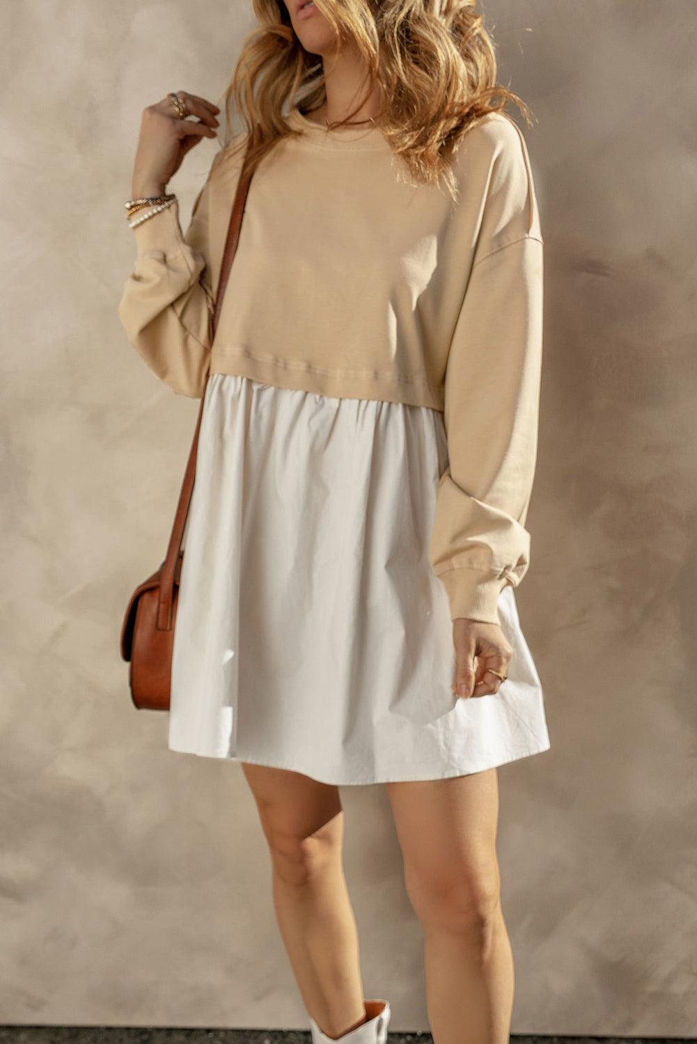 Khaki Sweatshirt Colorblock Flowy Pleated Mini Dress - The Fair Lady Shop