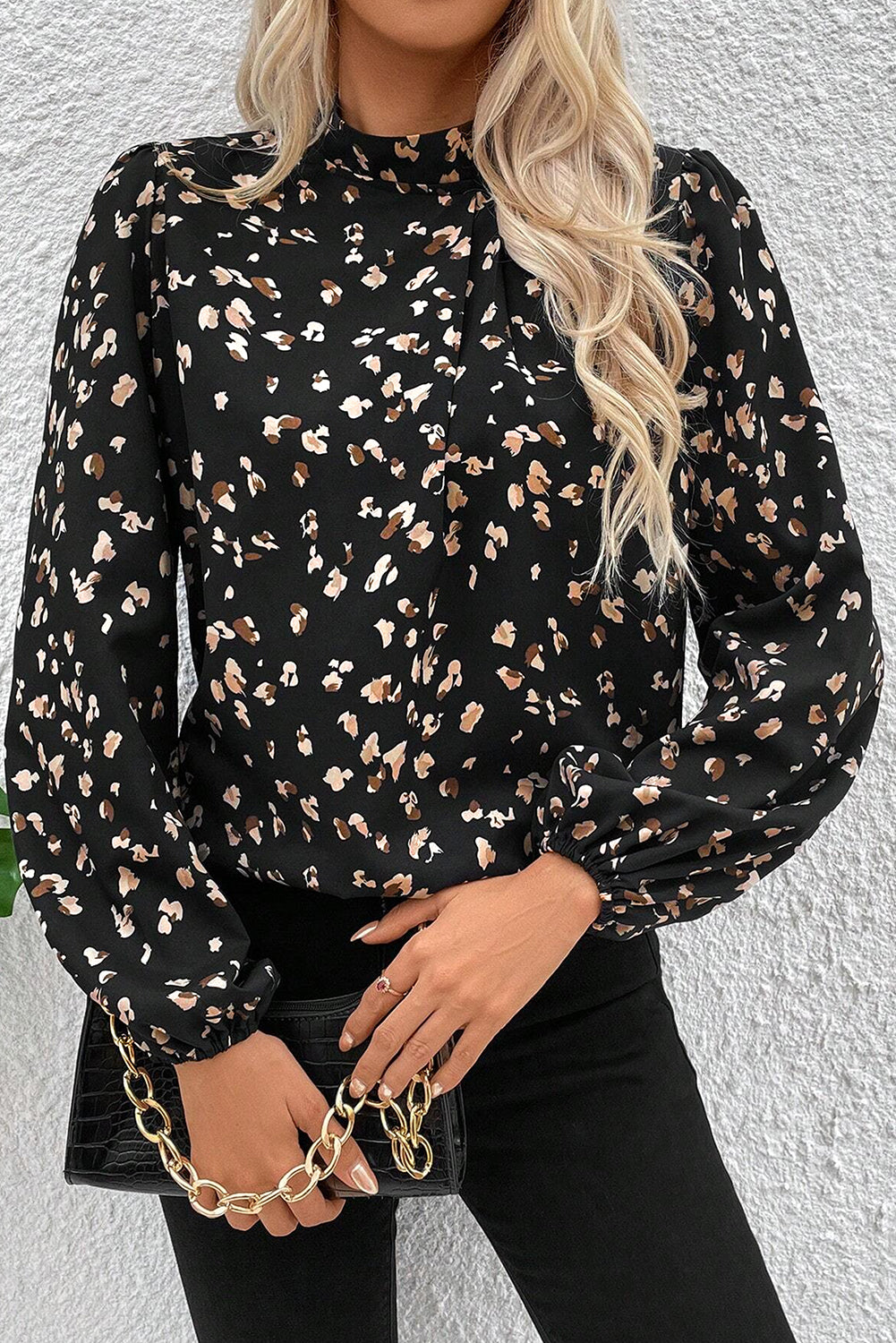 Black Leopard Print Puff Sleeve Mock Neck Pleated Blouse - The Fair Lady Shop