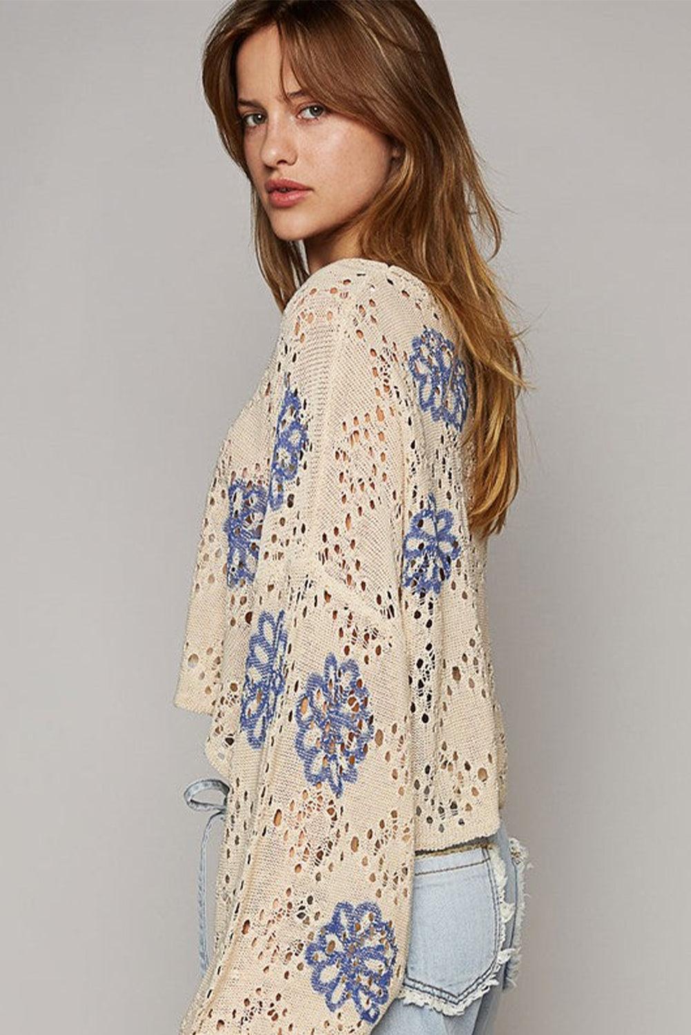 Beige Flower Print Drop Shoulder Hollow Knit Sweater - The Fair Lady Shop