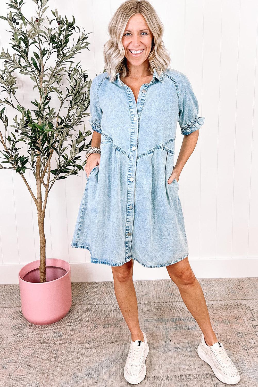 Blue Mineral Washed Ruffled Short Sleeve Pocketed Denim Dress - The Fair Lady Shop