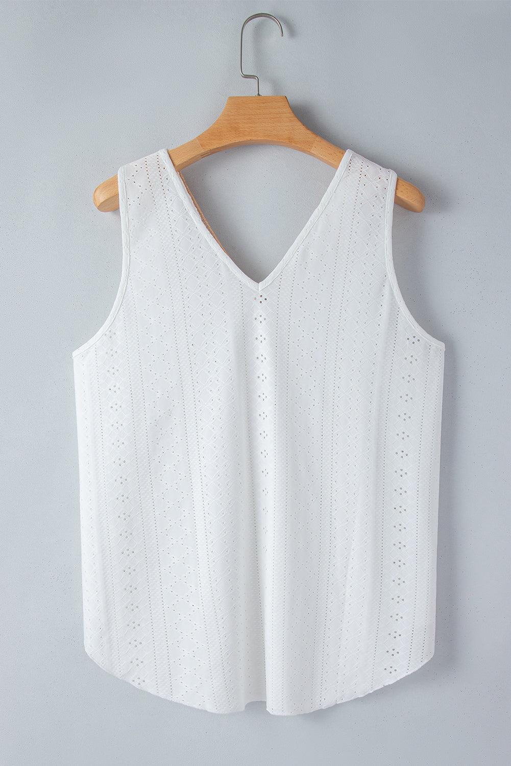 White Plus Size Guipure V Neck Eyelet Lace Tank Top - The Fair Lady Shop